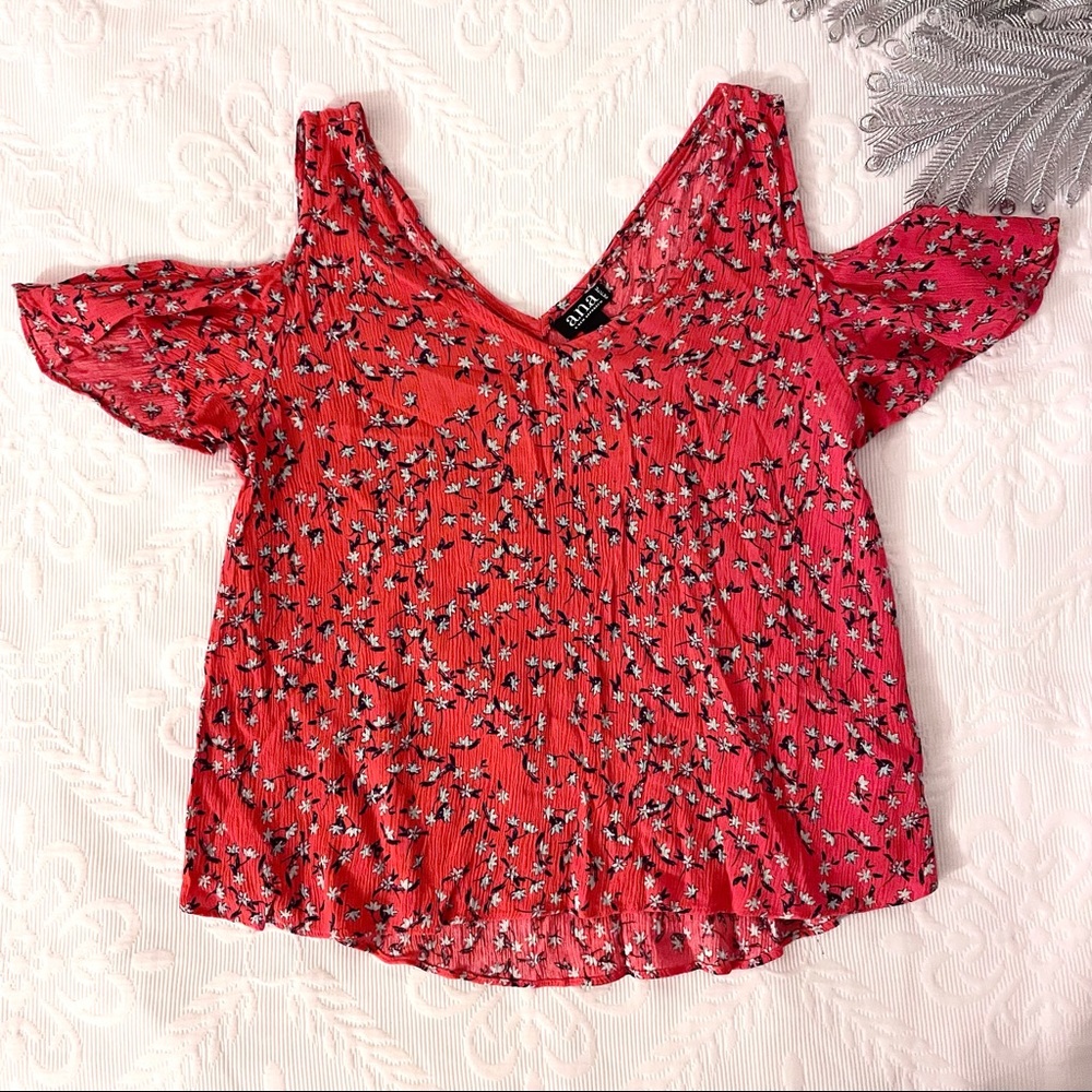a.n.a | red floral cold shoulder v-neck blouse size SP - Picture 1 of 4